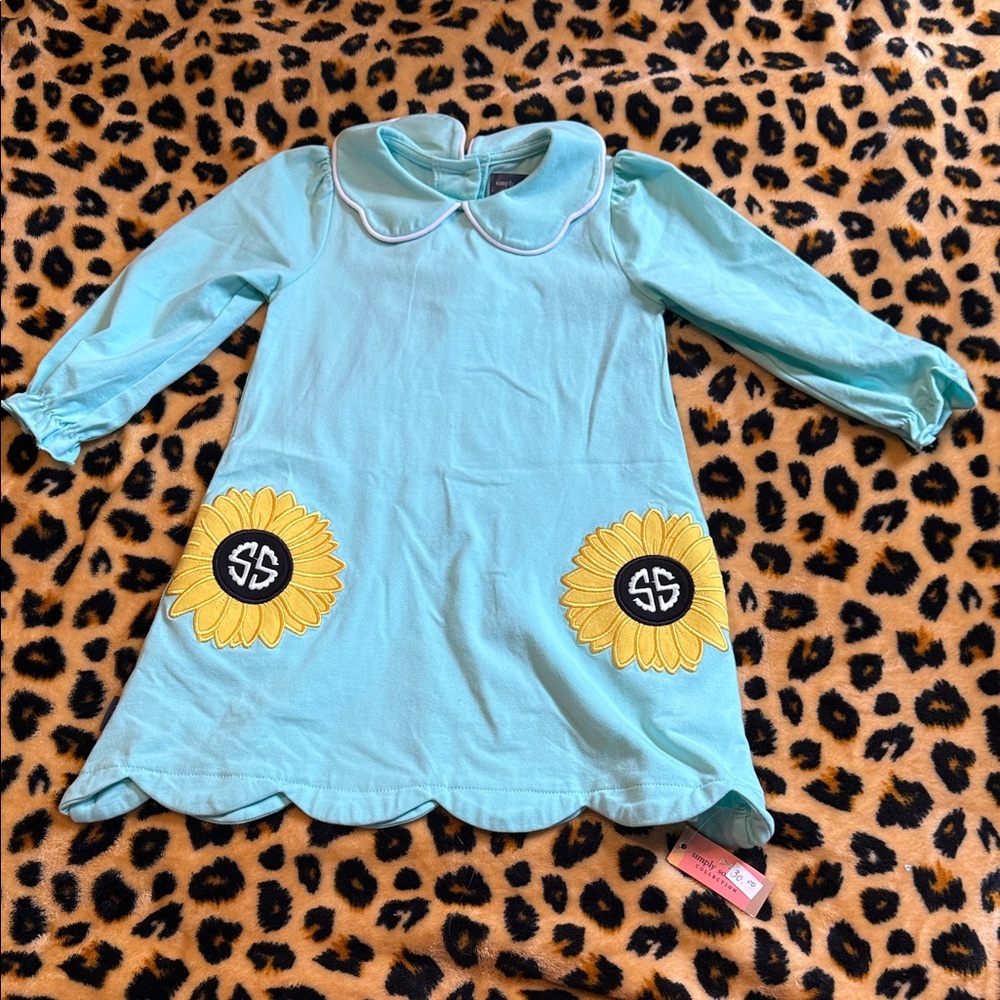 Simply Southern Aqua Dress with Sunflowers NEW Size 3T